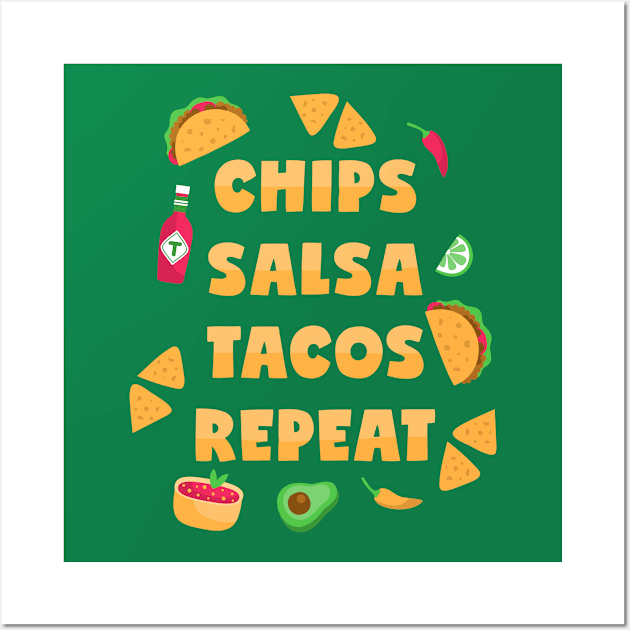 Chips Salsa Tacos Repeat Wall Art by voidea